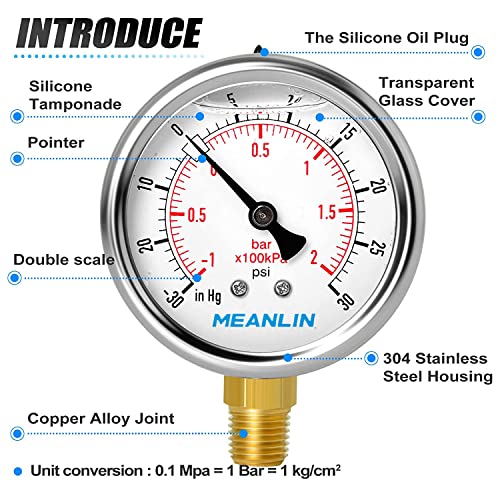 MEANLIN MEASURE -30inHG~30Psi Stainless Steel 1/4" NPT 2.5" FACE DIAL Vacuum Pressure Gauge, Lower Mount (Pack of 2), with 1/2" NPT and 3/8" NPT Hex Bushing - size: -30inHG-30Psi (2Pcs)