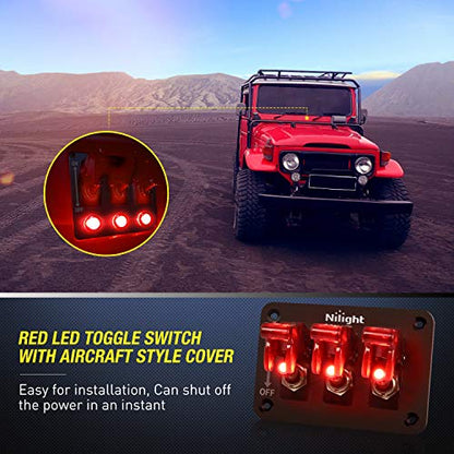 Nilight 3 Gang Toggle Switch 12V Rocker Switch Panel with LED Light and Flip Cover Heavy-Duty ON/Off Switch Plate 3 Pin SPST，2 Years Warranty - color: Red 3 Gang