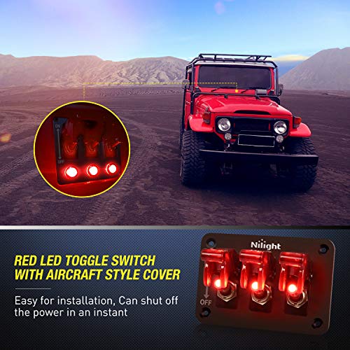 Nilight 3 Gang Toggle Switch 12V Rocker Switch Panel with LED Light and Flip Cover Heavy-Duty ON/Off Switch Plate 3 Pin SPST，2 Years Warranty - color: Red 3 Gang