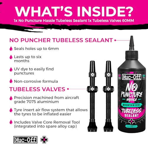 Muc-Off 1 Liter Tubeless Tire Sealant + 60mm Black Presta Valve - Bundle | Seals Punctures Up to 6mm | Ideal for MTB | Long-Lasting and Biodegradable - size: 1000ml & 60mm Valves