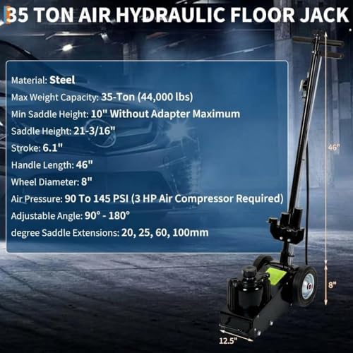 GarveeTech 35 Ton Air Hydraulic Floor Jack for Heavy Duty Trucks & Tractors – Low Profile (10"-21.19"), 4 Adapters, 46" Adjustable Handle – 77,000 lbs Capacity - color: 35 Ton Black