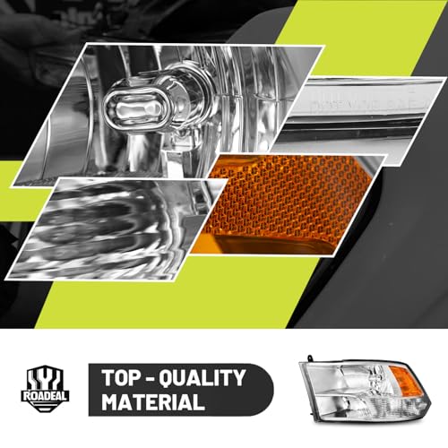 Headlights for 2009-2018 Dodge Ram 1500 Quad-Hole Single Headlight - color: A/Chrome Housing Amber Reflector Clear Lens