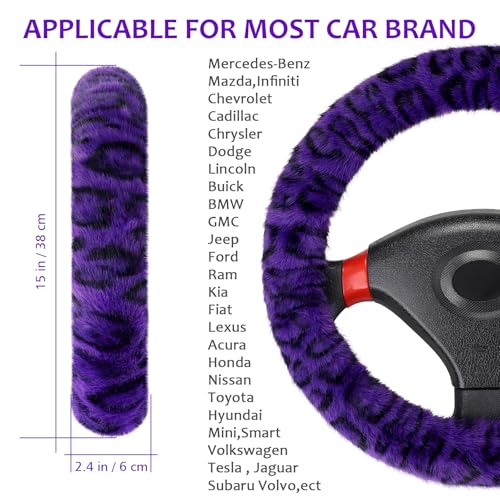 Accmor Fuzzy Car Steering Wheel Cover, Universal Fit Fur Car Wheel Cover & Handbrake Cover & Gear Shift Cover Set, Fluffy Fashion Leopard Print Auto Steering Wheel Protector for Women Girls(Purple) - color: Purple/Dark Leopard