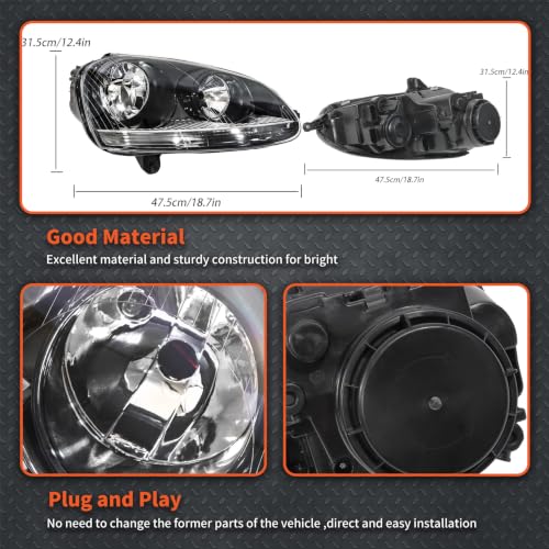 labwork Headlight Assembly Replacement for Jetta 2006-2009 Halogen Black Headlights Lamp Set Driver and Passenger Side 1K6941005S 1K6941006S