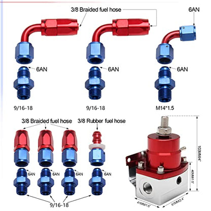 Aluminum Adjustable Universal EFI Fuel Pressure Regulator Kit 30-70psi with Gauge 6AN Fuel Line Hose Fitting Connectors Kit Blue&Red HTRACING - color: Blue&Red