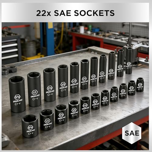 SWANLAKE 1/4" Drive Impact Socket Set, 56-Piece Standard SAE (5/32 to 9/16 inch) and Metric (4-15mm) Size, 6 Point, Cr-V, 1/4-Inch Drive Ratchet Handle, Drive Extension Bar, Impact Universal Joint - style: 1/4'' 56PCS