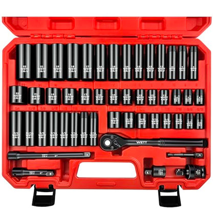 WETT 50Pcs 3/8" Drive Impact Socket Set, SAE/Metric, Deep/Shallow Sockets, with Adjustable Ratchet Handle, Extension Bar, Universal Joint, Adapter & Reducer, Cr-V Steel,(5/16"-3/4", 8-22mm) - size: 3/8" Drive Impact Socket Set (50pcs)