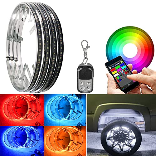 4Pcs 15.5in RGBW LED Wheel Ring Lights w/Brake Function White Courtesy Light,Waterproof Wheel Well Rim Lights Tire Lights with Wireless RF Remote App Control for Truck SUV Car - size: 15.5inch
