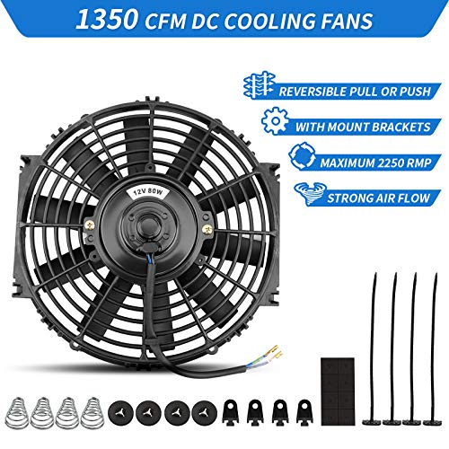 MONOKING 2PCS 10" inch Slim Fan Push Pull Electric Radiator Cooling Fans 12V Mount Kit Unversal Black Universal High Performance Reversible Radiator Fan with Mounting Kit 1350 CFM 6.67 Amps 80 Watts - size: 10 Inch-2PCS