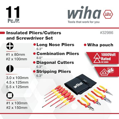 Wiha 32986 Insulated Industrial Pliers/Drivers Set in Roll Out Pouch, 11-Piece