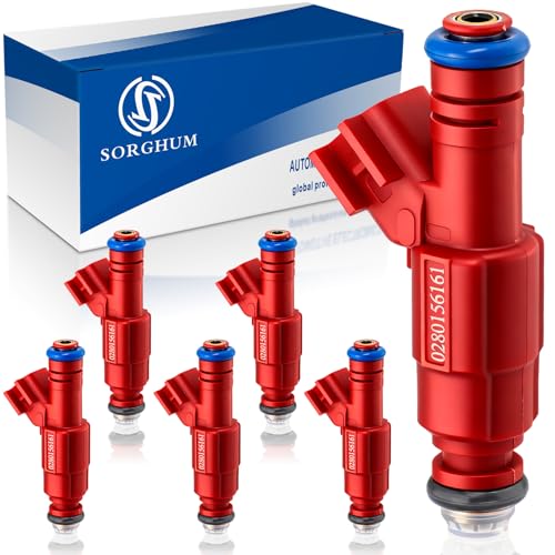 Sorghum Fuel Injectors Set of 6 Compatible with Jeep Grand Cherokee Wrangler TJ 1999-2004 Cherokee Liberty Ford Focus 2003-2007 Escape Mustang Replace# 0280156161 FJ462 - color: 280156161(Red)