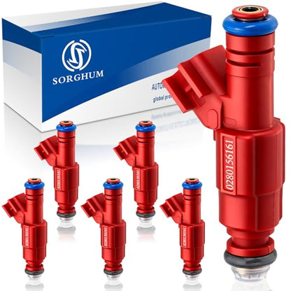 Sorghum Fuel Injectors Set of 6 Compatible with Jeep Grand Cherokee Wrangler TJ 1999-2004 Cherokee Liberty Ford Focus 2003-2007 Escape Mustang Replace# 0280156161 FJ462 - color: 280156161(Red)