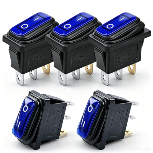 TWTADE 5Pcs Waterproof Rocker Switch 3 Pin SPST ON-Off Blue LED Illuminated Boat Toggle Switch 12V 20A Latching Power Switch for Car Truck RV Marine Auto Accessories - color: Blue-ON/Off - 12V, size: Narrow Rectangle