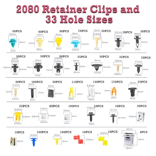 Car Retainer Clips & Fasteners Kit – 33 Universal Sizes Nylon Bumper, Fender Rivets, Door Panel Clips, and Plastic Rivets with 10 Cable Ties and Removal Tool for Toyota, Ford (2080pcs) - style: 2080pcs