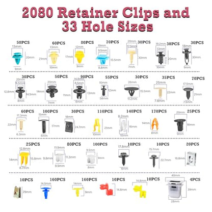 Car Retainer Clips & Fasteners Kit – 33 Universal Sizes Nylon Bumper, Fender Rivets, Door Panel Clips, and Plastic Rivets with 10 Cable Ties and Removal Tool for Toyota, Ford (2080pcs) - style: 2080pcs