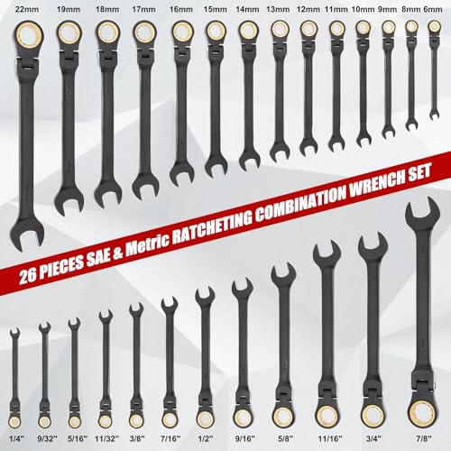 EMENTOL 26 Pieces Flex-Head Ratcheting Wrench Set, Heavy-Duty Combination Wrenches, Metric 6-22mm & SAE 1/4-7/8", 72 Teeth, CR-V Steel, with Organizer Box