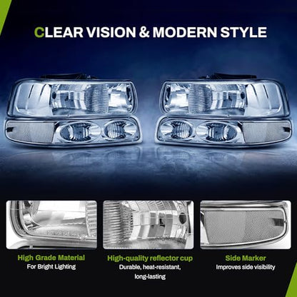 AUTOSAVER88 Headlights Compatible with 1999-2002 Silverado Chrome Housing - color: Chrome Clear