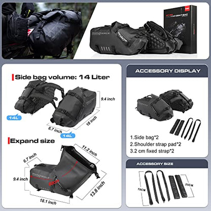 Rhinowalk Motorcycle Saddlebags 28L(14L*2) Waterproof Motorbike Side Bags, Travel Luggage Panniers with Shoulder Strap for Adventure & Sport Motorcycle Racks, 1 Pair - size: 28L Black