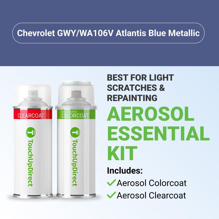 TouchUpDirect Car Paint Touch Up Spray Kit – Compatible with Chevrolet GWY/WA106V Atlantis Blue Metallic Exact Match Auto Paint Kit with Car Color Spray and Clearcoat, for Repainting or Scratch Repair, Essential Kit - color: Atlantis Blue Metallic, style:
