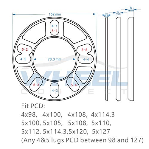 WHEEL CONNECT Universal Wheel Spacer,8mm Thickness(5/16inch),Fit Bolt Pattern 4x98, 4x100, 4x108, 4x114.3, 5x100, 5x105,5x108, 5x110, 5x112, 5x114.3,5x120, Cast Aluminum, Pack of 2. - size: 4 or 5 lugs Universal - 8mm(5/16inch)