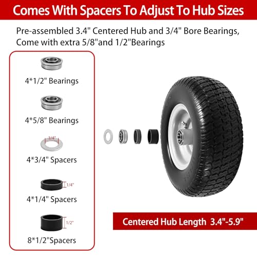 (2-Pack) 11x4.00-5 Flat-Free Lawn Mower Tires and Wheels, 3.4" Centered Hub, 3/4" & 5/8" & 1/2" Bushings, Zero Turn Front Replacement - size: 11x4-5 Flat Free Tire(Silver Rim)