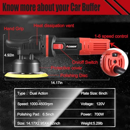 AOBEN Car Buffer Polisher,6 inch Dual Action Polisher,Random Buffer Polisher kit with 6 Variable Speed 1000-4500rpm,Detachable Handle,4 Buffing Pads for Car detailing Polishing and Waxing (Pack of 2) - size: AT3501-7 (Pack of 2)