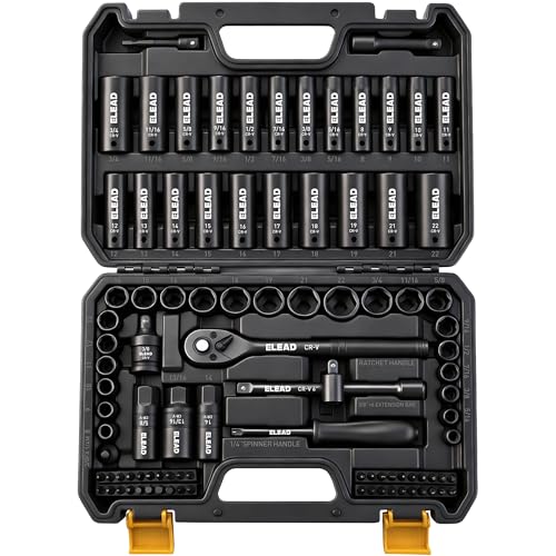 ELEAD 96-Piece 3/8" Drive Impact Socket Set, SAE(5/16 to 3/4-Inch) & Metric(8-22mm), Standard & Deep Sockets, Ratchet Handle, Bit Set, Universal Joint, Extension Bar, Adapters, Spark Plug Sockets - color: 96pcs 3/8'' Drive Impact Socket Set Black