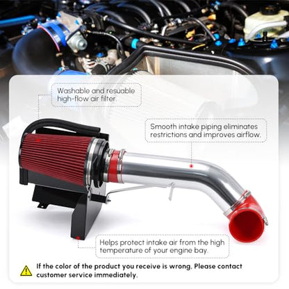 PTNHZ 4" Cold Air Intake Filter w/Heat Shield Kit Compatible For 99-07 Cadillac Escalade Chevy Silverado Tahoe GMC Yukon Sierra 1500 2500 3500 V8 4.8L/5.3L/6.0L (Red) - style: Red