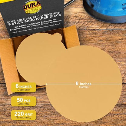 Dura-Gold Premium 6" Gold PSA Sanding Discs - 220 Grit, Box of 50 - Self - size: 220-Grit