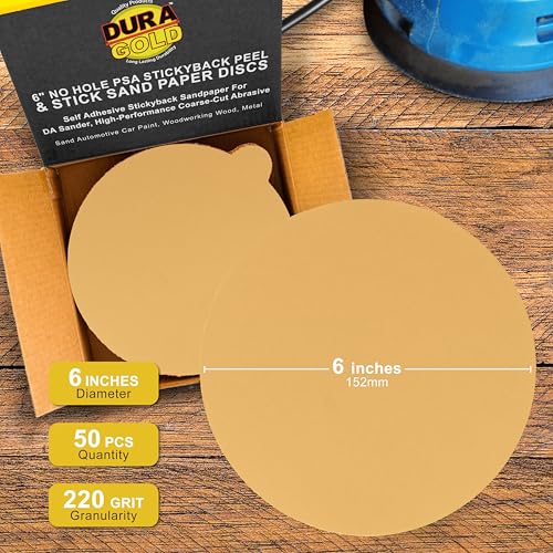 Dura-Gold Premium 6" Gold PSA Sanding Discs - 220 Grit, Box of 50 - Self - size: 220-Grit