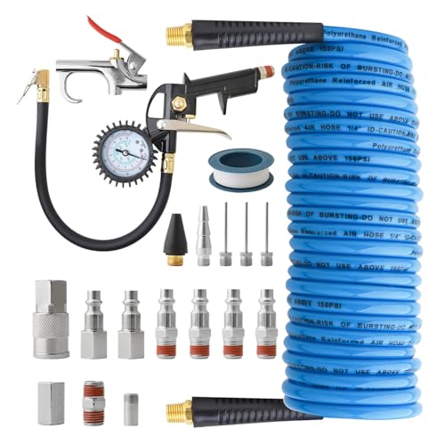 Gunpla 19 Pieces Air Compressor Accessories kit, Heavy Duty Air Blow Gun Air Hose Fittings and 150 PSI Tire Inflator Gauge, 1/4 in x 25 ft Recoil Poly Air Compressor Hose Kit