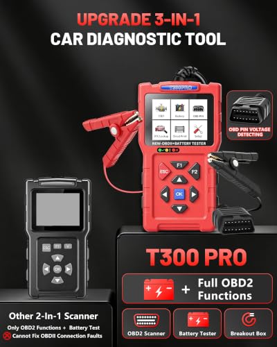 OBD2 Scanner and Battery Tester, 3-in-1 Car Code Reader with Cranking Test - color: T300PRO-RED