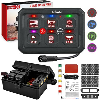 Nilight 6 Gang Switch Panel Red 12V 60A Circuit Control Relay System 4-Mode - color: Red, size: 6 Gang Switch 4 Modes