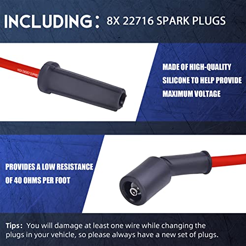 Spark Plug Wire Set 10.2mm w/Metal Sleeves, Spark Plug Wires Compatible with Chevy 5.3 6.0L 6.2L GMC Silverado Tahoe V8 LS Truck
