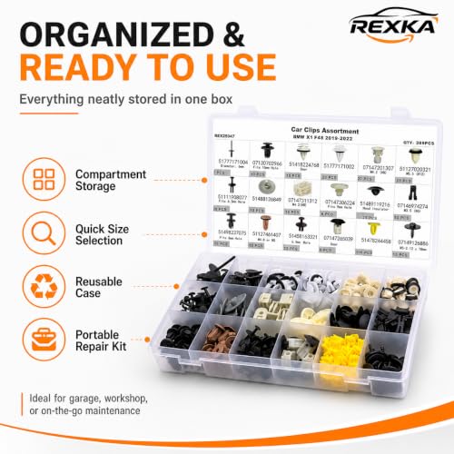 Rexka 390pcs Car Retainer Clips Fasteners Assortment-18 Most Popular Sizes Auto Push Pin Rivets for BMW X1 2019-2022 - color: 390pcs
