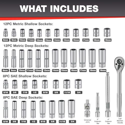 EACELIY 44pcs 3/8" Drive Impact Socket Set,Drive Master Socket Set,SAE/Metric, Deep & Shallow with 3/8" Drive Head Ratchet,Universal Joint,Extension bar (3” & 6”),6 Point,CR-V Steel，Mirror Chrome - size: 44PCS 3/8inch
