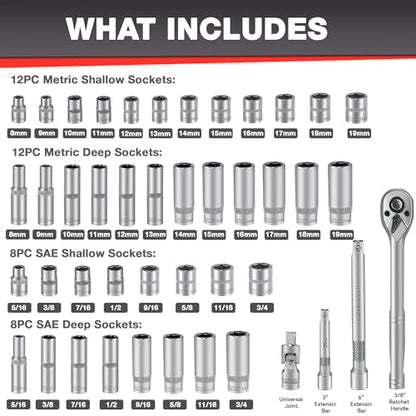 EACELIY 44pcs 3/8" Drive Impact Socket Set,Drive Master Socket Set,SAE/Metric, Deep & Shallow with 3/8" Drive Head Ratchet,Universal Joint,Extension bar (3” & 6”),6 Point,CR-V Steel，Mirror Chrome - size: 44PCS 3/8inch