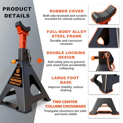 6 Ton (13,200 LBs) Jack Stands with Crossbars,Double Pin Locking,Rubber Cover,Large Foot Base,15"-22" Adjustable Height,Heavy Duty Car Jack Stands,Lifting Bus,RV,SUV,MPV,Pickup Truck,2 Pack - color: orange-upgraded, size: 6ton Load Capacity