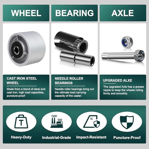 3" x 2" Industrial Casters, Steel Cast Iron Wheel - Heavy Duty Caster -Set of 4 Caster with 3200 lbs Capacity, Roller Bearing-1/2 Bore, Replacement Wheel for Platform Trucks(4 Pack) - style: 3"×2"