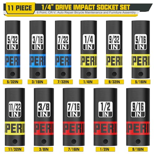 11 Piece 1/4" Drive Impact Socket Set, 5/32" - 9/16" Deep Socket, SAE, 6 Point, CR-V, Auto Repair Bicycle Maintenance and Furniture Assembly - size: 1/4" Deep SAE