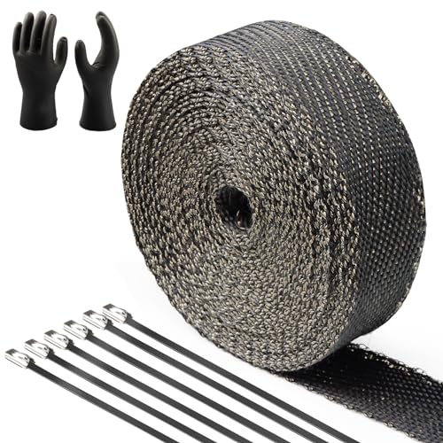 CARDI 2" x 50' Titanium and Black Blended Exhaust Heat Wrap for Motorcycle Heat Shield Tape, Twill Weave with 14 Stainless Ties and Gloves - color: Titanium&Black Blended, size: 2" x 50'