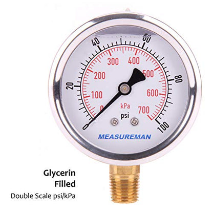 MEASUREMAN Pressure Gauge 1/4 NPT, 0-100psi/kPa Glycerin Filled Pressure Gauge with 2.5 Inch Dial Size and 304 Stainless Steel Case (0-100 psi, Lower Mount) - size: 0-100 psi, style: Lower Mount