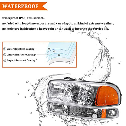 Front Headlight Lamp with Bumper Lights Set (Left + Right) Compatible with 99-07 GMC Sierra 1500 2500 3500/00-06 Yukon, Chrome Housing Amber Reflector Headlights - color: Chrome Amber