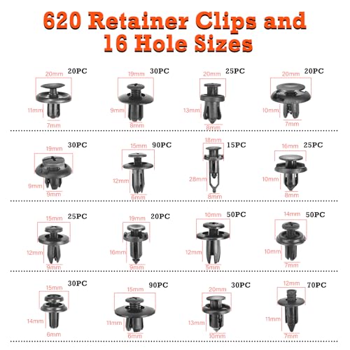 Car Retainer Clips & Fasteners Kit – 16 Universal Sizes Nylon Bumper, Fender Rivets, Door Panel Clips, and Plastic Rivets with 10 Cable Ties and Removal Tool for Toyota, Ford (635pcs) - style: 620pcs