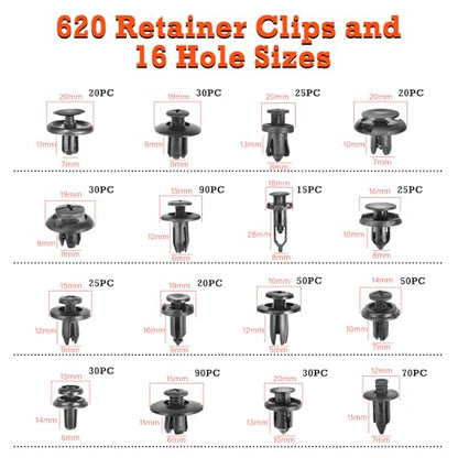 Car Retainer Clips & Fasteners Kit – 16 Universal Sizes Nylon Bumper, Fender Rivets, Door Panel Clips, and Plastic Rivets with 10 Cable Ties and Removal Tool for Toyota, Ford (635pcs) - style: 620pcs