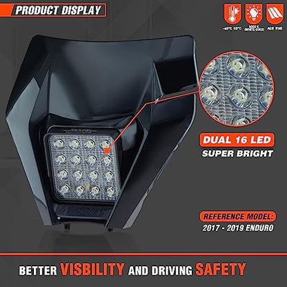 Dirt Bike Led Headlight Motorcycle 2020-2022 Enduro Headlight Kit for EXC EXCF SX SXF XC XCF XCW XCFW (Black-Dual 16) - color: Black Mask-Dual 16