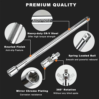 AEROFORCE 14PCS 3/8-Inch Drive Swivel Magnetic Spark Plug Socket Set with 3/8" Torque Wrench (5-45 Lb.ft/6.8-61.2 Nm), Universal Joint & Extension Bar - Durable CR-V Steel for Easy Spark Plug Removal - size: 14PCS Magnetic