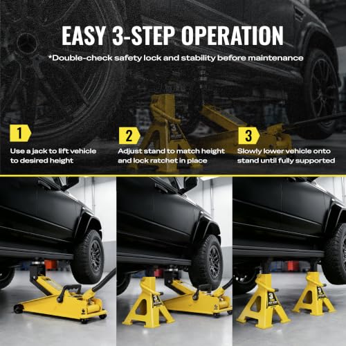AUTOWN Jack Stands 3 Ton, Double Locking Heavy Duty Car Jack Stand, 1 Pair - color: Bright Yellow (Standard Duty)