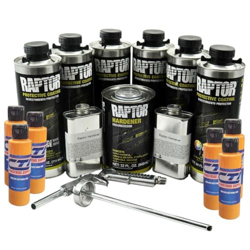 Raptor Truck Bed Liner Kit with Colored Safety Orange Tint and Spray Gun - 6 Liters - Protective Spray On Paint for Coating Trucks, Tailgates, Vehicle Undercoating - Tintable Bedliner Formula