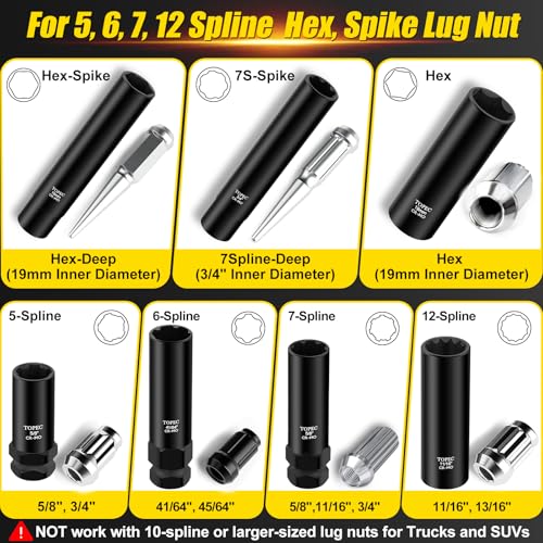 Topec 12PCS Spline Lug Nut Socket Set, Master Lug Nut Key Set of 5, 6, 7, 12 Spline, Wheel Lock Removal Kit for Spike and Hex Lug Nuts, Universal Locking Lug Nut Removal Tool
